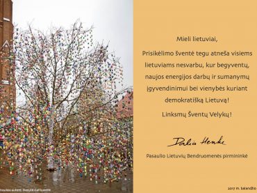 Nuoširdūs sveikinimai pasaulio lietuviams šv. Velykų proga