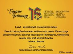 PLB pirmininkės Dalios Henke sveikinimas Vasario 16-osios proga