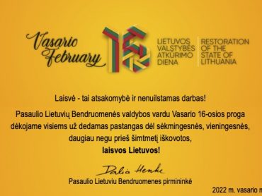 PLB pirmininkės Dalios Henke sveikinimas Vasario 16-osios proga